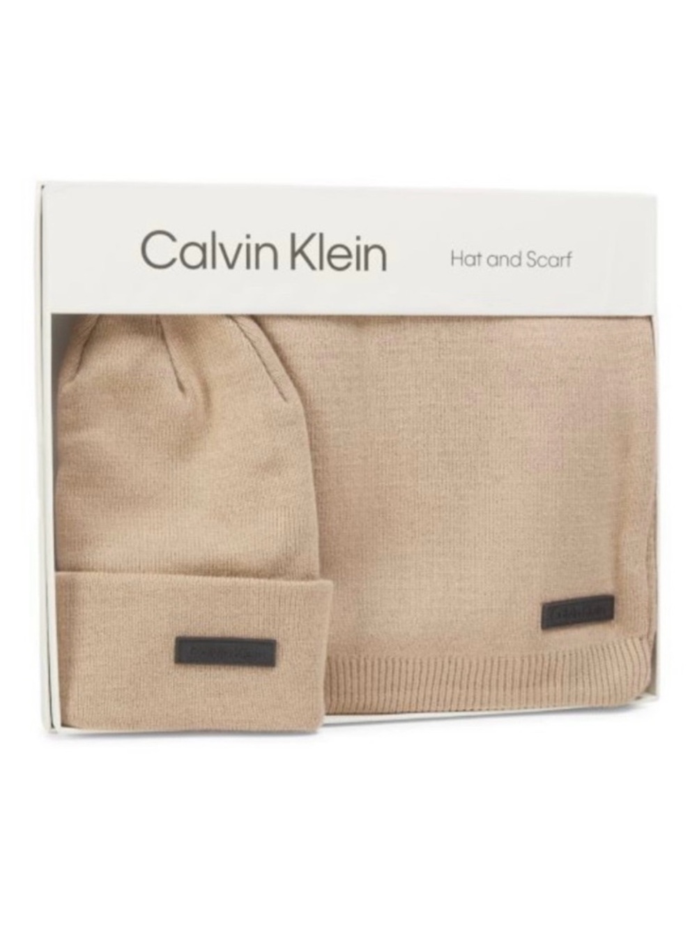 Calvin Klein Men’s Hat and Scarf Logo Set - Tan Knit Winter Set - NWT